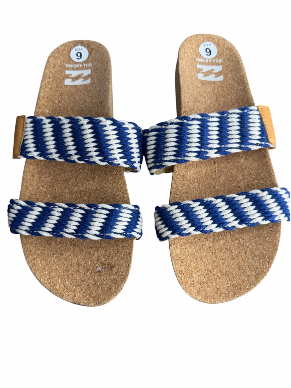 Billabong Braided Rope Slide Sandals size 9M Blue/White Cork Flat Beach Shoes